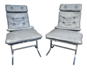 Italian Tufted Chrome & Leather Lounge Chairs with Ottomans - 2 Sets
