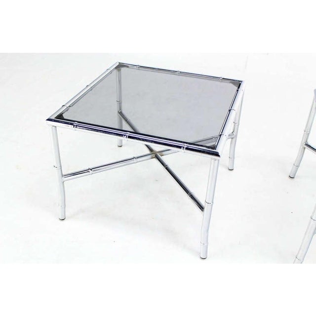 Mid-Century Modern Pair of Chrome Faux Bamboo X Base End Tables with Smoked Glass Tops Mid Century For Sale - Image 3 of 5
