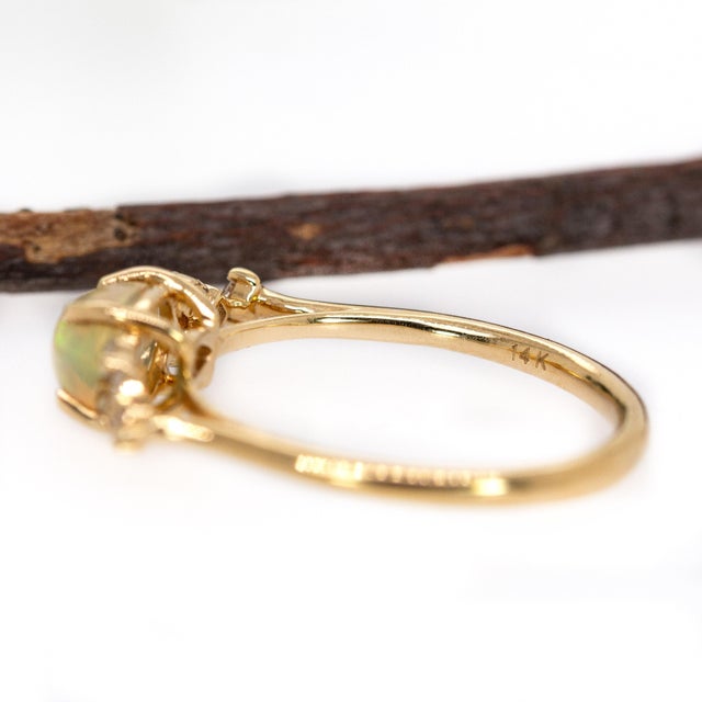 East West Opal Ring W Earth Mined Diamonds in Solid 14k Yellow Gold | Oval 8x6mm For Sale - Image 9 of 18