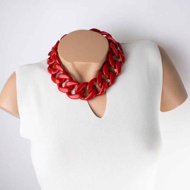 Plastic Angela Caputi Italy Choker Necklace Massive Red Cinnabar Resin Chain For Sale - Image 7 of 10