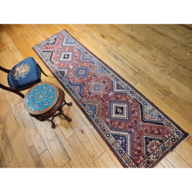 Vintage Persian Shiraz Tribal Runner Rug, Hand-Knotted Wool, Geometric Medallion Pattern, Red & Blue, 3x10 For Sale In Chicago - Image 6 of 15