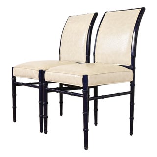 Baker Furniture Style Mid-Century Hollywood Regency Ebonized Faux Bamboo Side Chairs or Dining Chairs, Pair For Sale