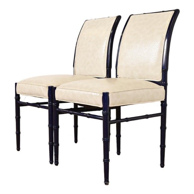 Baker Furniture Style Mid-Century Hollywood Regency Ebonized Faux Bamboo Side Chairs or Dining Chairs, Pair For Sale