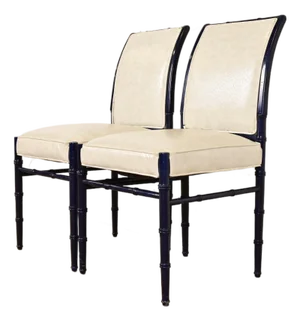 Baker Furniture Style Mid-Century Hollywood Regency Ebonized Faux Bamboo Side Chairs or Dining Chairs, Pair
