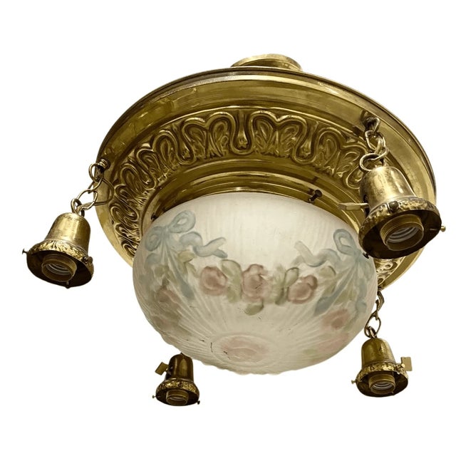 Antique French Style Hand Painted Floral Glass 4 Arm Pendant Light Chandelier For Sale - Image 11 of 11