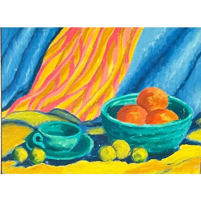 Impressionist Vintage Impressionist Still-Life Oil Painting Bright Colors Oranges Yellow & Blue For Sale - Image 3 of 5
