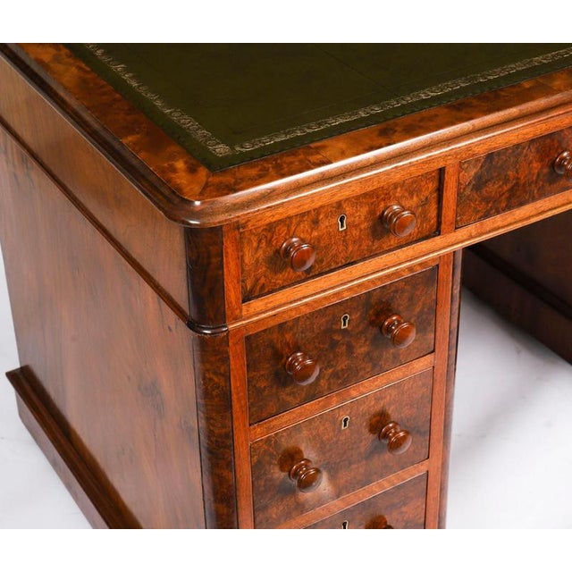 Brown Antique Victorian Burr Walnut Twin Pedestal Desk, 1860s For Sale - Image 8 of 18