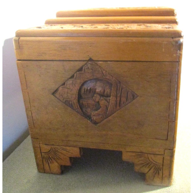 Brown 1920s Antique Large Oriental Hand Carved Dragon Stepped Top Camphor Box For Sale - Image 8 of 13