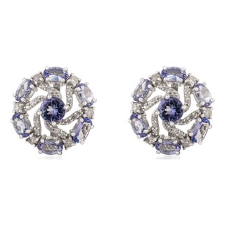 Mid-Century Solid Silver Tanzanite & Diamond Swirl Cluster Stud Earrings- 2 Pieces For Sale