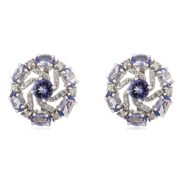 Mid-Century Solid Silver Tanzanite & Diamond Swirl Cluster Stud Earrings- 2 Pieces For Sale