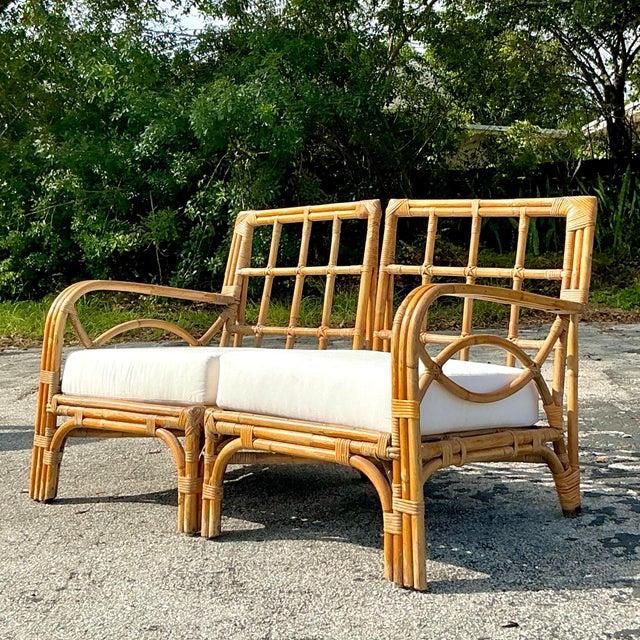 Camel Vintage Coastal Bent Rattan Loveseat For Sale - Image 8 of 9