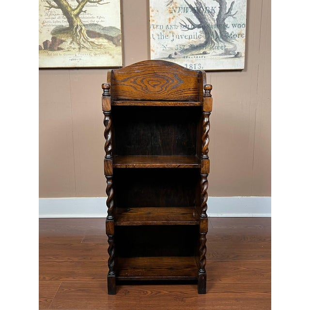 Petite Antique English Bookcase Bookshelf Barley Twist Tiger Oak Display C1920 For Sale - Image 4 of 18