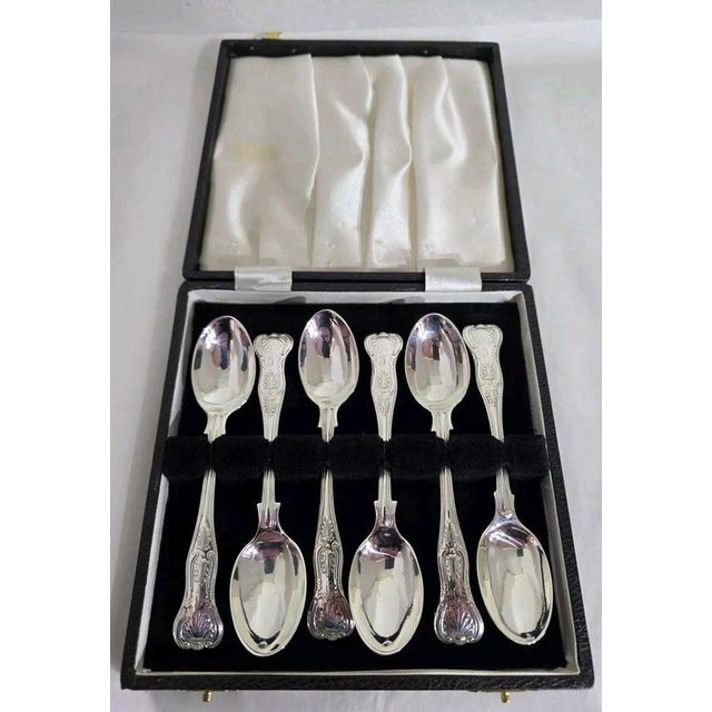 A fine set of six Victorian sterling silver tea or coffee spoons dating to 1896, crafted in the classic King’s Pattern....