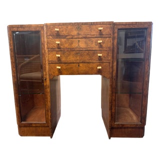 Rare 1930s Art Deco Burlwood Veneer Cutlery Cabinet With Bakelite Knobs For Sale