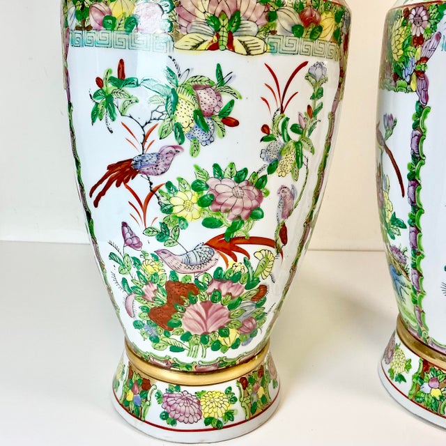 Ceramic Late 19th C Antique Chinoiserie Boho Chic Hollywood Regency Famille Rose Vases - A Pair, Monumental For Sale - Image 7 of 18