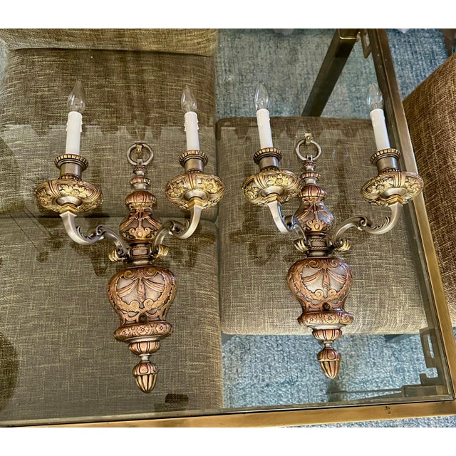 1920s Pair Caldwell 2-Arm Bronze and Silver Wall Sconce For Sale - Image 5 of 15