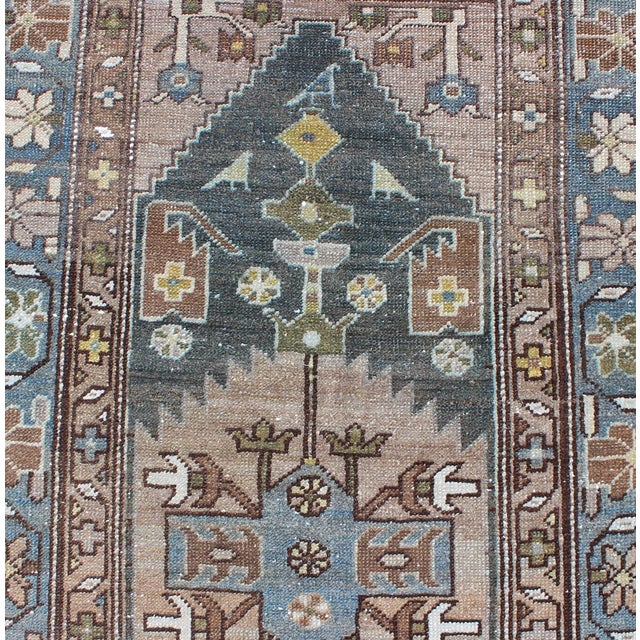 Early 20th Century Antique Persian Hamadan Runner With Angular Medallion Design in Soft Blue, Green For Sale - Image 5 of 12