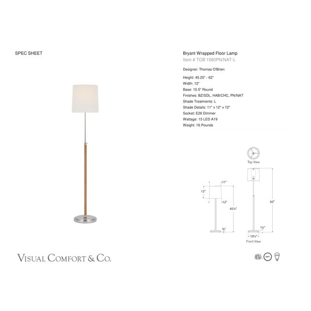 Thomas O'Brien by Visual Comfort Signature Bryant Wrapped Floor Lamp in Polished Nickel and Natural Leather with Linen...