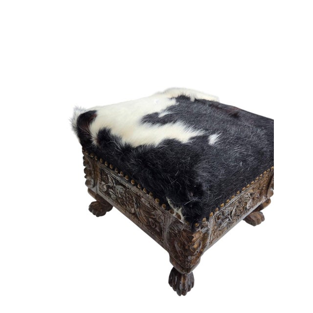 Oriental Carved Footstool With Cow Leather. For Sale - Image 4 of 11