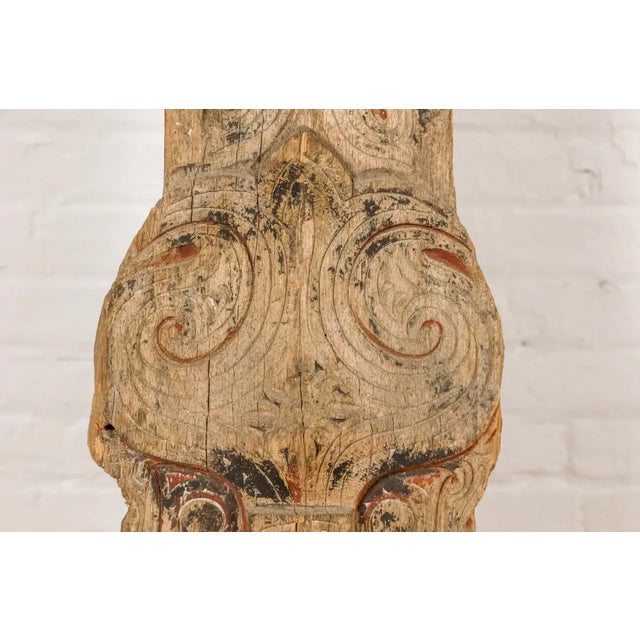 Brown 19th Century Large Hand Carved Batak Singa Singa Tribal Carving with Black & Red Paint For Sale - Image 8 of 12