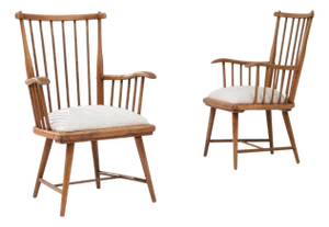 20th Century French Wooden Lounge Chairs With Upholstered Seats - A Pair