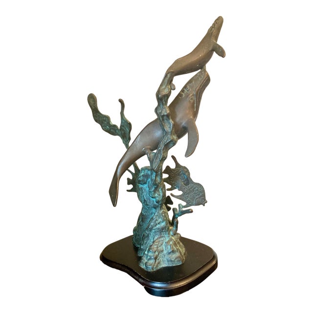Humpback Whale and Calf Solid Brass/Bronze Sculpture, Mid-Century Coastal Art Style, Produced by San Pacific International (Spi Home) For Sale