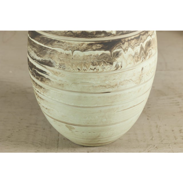 Large Artisan Ceramic Vase with Cream and Brown Striped Glaze For Sale In New York - Image 6 of 12