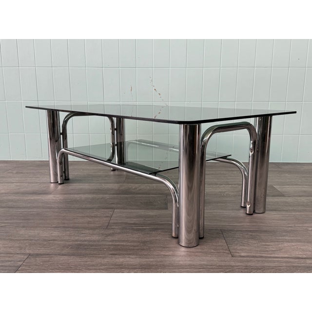 Industrial Italian Coffee Table in Chromed Steel and Smoked Glass, 1970s For Sale - Image 3 of 13