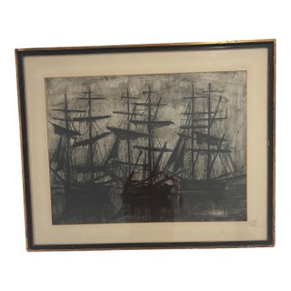 1960s Harbor Scene in Manner of Bernard Buffet Signed Print For Sale