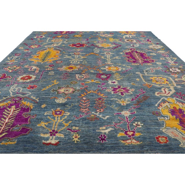 Contemporary Blue Vintage Style Oushak Rug - 9'01 X 10'11 For Sale - Image 3 of 8