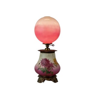Antique Victorian Electrified GWTW Oil Lamp With Hand-Painted Floral Double Glass Shades For Sale