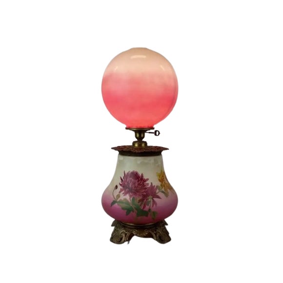Antique Victorian Electrified “GWTW”Oil Lamp With Hand-Painted Floral Double Glass Shades For Sale