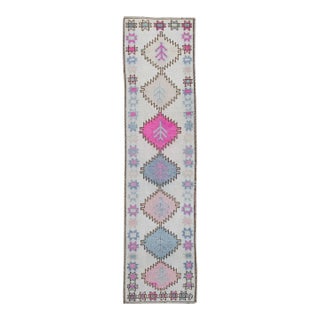 1960s Blue & Pink Geometric Design Handwoven Wool Vintage Turkish Runner 3'1" X 11'8" For Sale