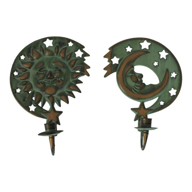 Vintage Brass Sun, Moon & Stars Candle Wall Sconces For Sale