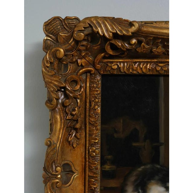 Oil painting on a wooden panel with a charming genre scene of kittens in an interior, complemented by a floral...