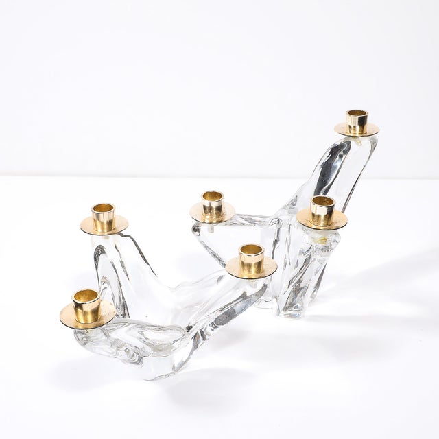Pair of Mid-Century Amorphic Crystal & Brass 3 Arm Candelabra Signed Schneider For Sale In New York - Image 6 of 10