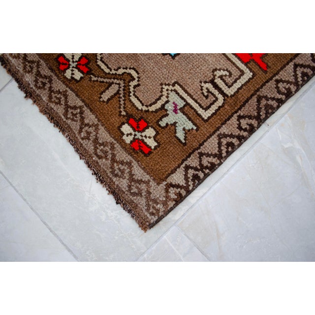 Brown Distressed Low Pile Turkish Yastik Petite Rug Hand Knotted Faded Mat - 17'' X 34'' For Sale - Image 8 of 14