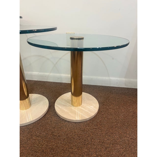 Brass Vintage Set of Three Glass Travertine Tiered Postmodern Side Tables For Sale - Image 8 of 9
