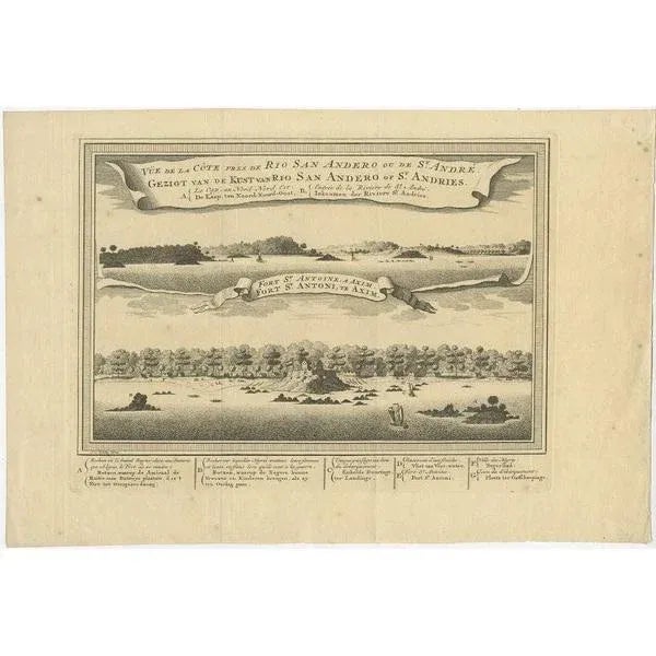 Antique print titled 'Vue de la Cote pres de Rio San Andero - Gezigt van de Kust van Rio San Andero' and 'Fort St. Antoine...