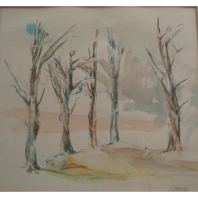 Midcentury modern abstract watercolor landscape featuring five young trees as they begin to show signs of Spring growth,...