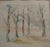 Midcentury modern abstract watercolor landscape featuring five young trees as they begin to show signs of Spring growth,...