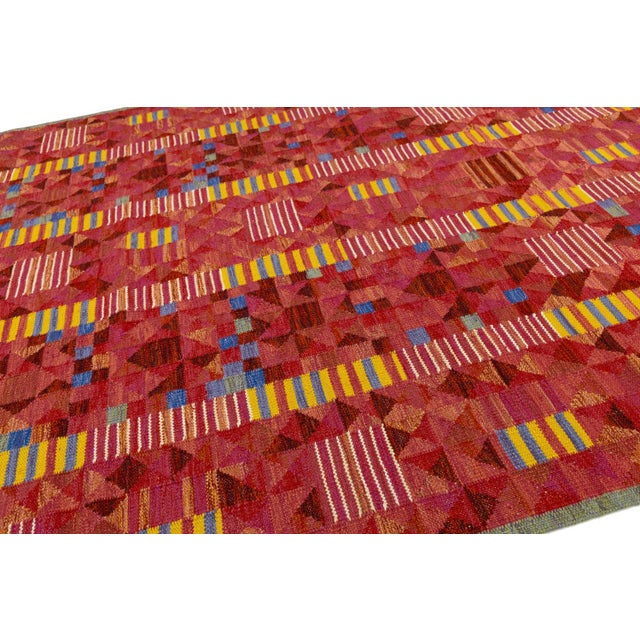 Modern Scandinavian Red Kilim – Handmade Geometric Flatweave Wool 9x12 For Sale - Image 9 of 10