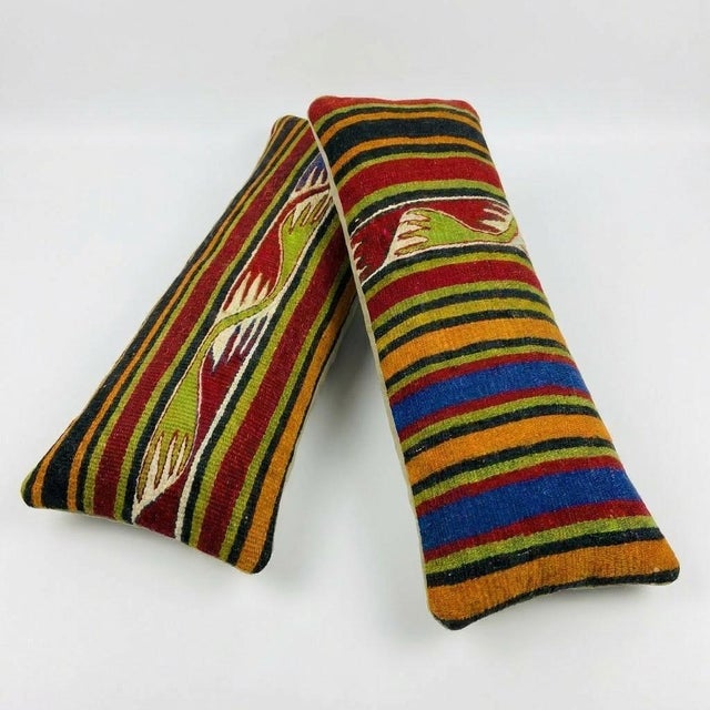 Mid-Century Modern Striped Kilim Lumbar Pillow Cover 8'' X 20'' & 16'' X 17'' - Set of Two For Sale - Image 3 of 4