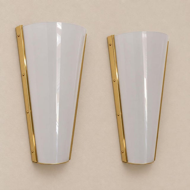 Mid-Century Modern Italian Sconces Brass Acrylic Glass Wall Lights in the style Stilux, 1970s, Set of 2 For Sale - Image 3 of 9
