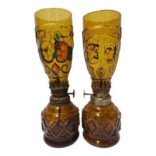 Vintage 1960s/70s Miniature Amber Stained Glass Oil Lanterns- Set of 2 For Sale