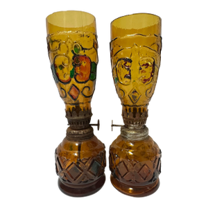 Vintage 1960s/70s Miniature Amber Stained Glass Oil Lanterns- Set of 2