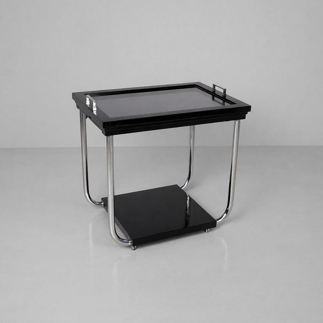 Italian Art Deco Cart in Black Wood, Glass and Steel, 1930s For Sale - Image 4 of 18