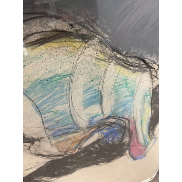 1970s Vintage Abstract Figurative Mixed Media Drawing With Pastel Accents in Metal Frame For Sale - Image 5 of 10