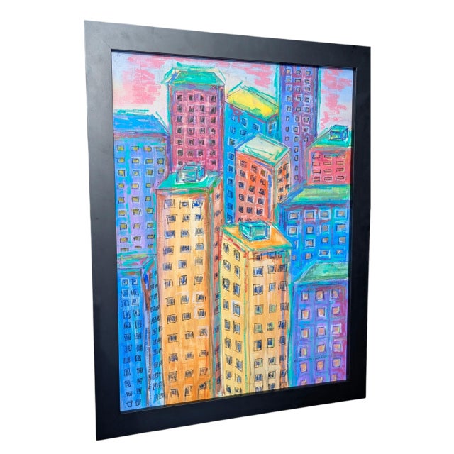 Contemporary Original Cityscape Skyline Oil Pastel Art Framed For Sale - Image 3 of 12