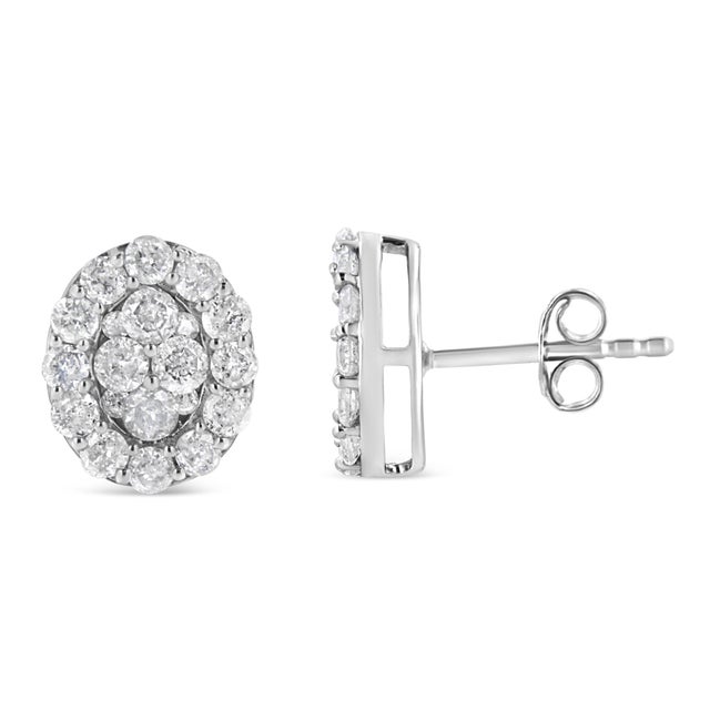 Contemporary .925 Sterling Silver 1 1/2 Cttw Round-Cut Diamond Oval Shaped Stud Earrings, A Pair For Sale - Image 3 of 6
